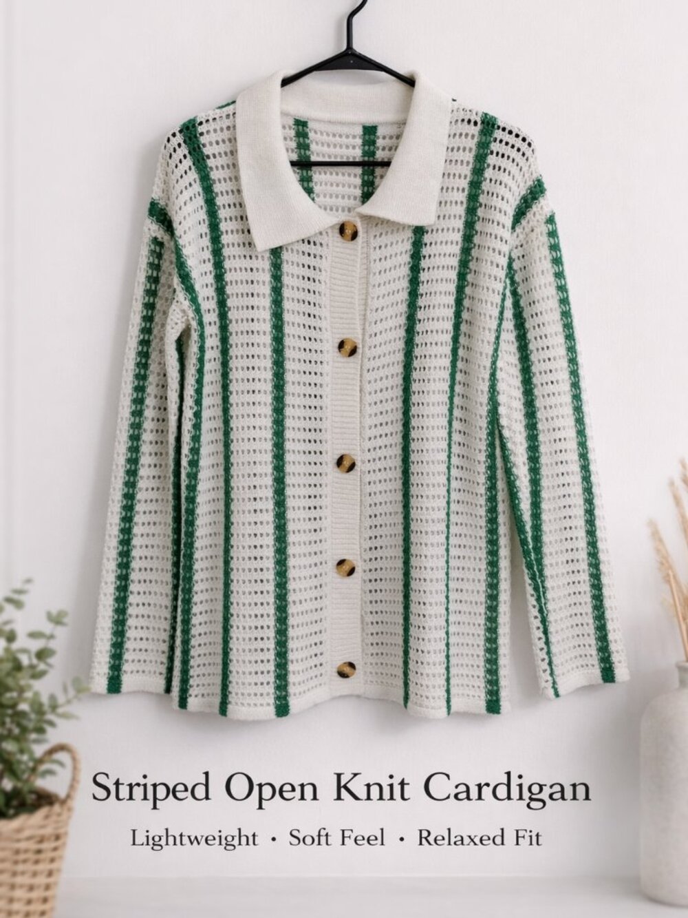 Womens Open Knit Cardigan Green Stripe Button Front Lightweight Golfcore Coastal
